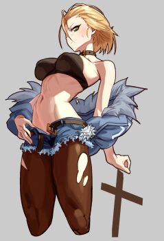 1girl animal_collar bandeau belt black_bandeau blonde_hair blue_jacket breasts collar commentary cropped_legs english_commentary from_below fur-trimmed_jacket fur_trim genderswap genderswap_(mtf) green_eyes grey_background highres jacket large_breasts leman_russ looking_at_viewer off_shoulder open_clothes open_shorts pantyhose podobrick primarch shorts sideways_glance solo sweatdrop torn_clothes torn_pantyhose warhammer_40k