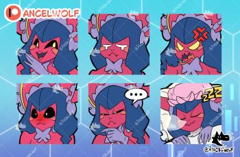 ancelwolf black_sclera blue_hair blush colored_sclera digimon digimon_(creature) emote hat horns lamia lamiamon long_hair monster_girl ribbon sleeping yellow_eyes