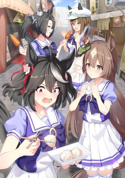 +_+ 4girls absurdres ahoge anchor_symbol animal_ears belt belt_buckle black_hair black_tail blouse blue_belt blue_eyes blush bow bowtie braid bright_pupils brown_hair brown_tail buckle carrot cheval_grand_(umamusume) chopsticks clip_studio_paint_(medium) closed_mouth collarbone commentary_request day ear_ribbon ear_through_crown ears_through_headwear eating food foreshortening frilled_skirt frills giving giving_food green_ribbon grey_eyes grey_hair hair_between_eyes hands_up hat highres holding holding_chopsticks holding_food horse_ears horse_girl horse_tail horseshoe_ornament kitasan_black_(umamusume) long_hair looking_at_another looking_at_food making-of_available multicolored_hair multiple_girls open_mouth outdoors pleated_skirt profile puffy_short_sleeves puffy_sleeves purple_bow purple_bowtie purple_shirt red_eyes red_ribbon ribbon sailor_collar satono_crown_(umamusume) satono_diamond_(umamusume) school_uniform shirt short_hair short_sleeves side_ponytail sign skirt smile standing streaked_hair sunlight sunny_(20597521) surprised sweatdrop tail tail_raised tracen_school_uniform umamusume white_hat white_pupils white_ribbon white_sailor_collar white_skirt yellow_eyes