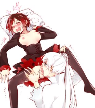 2girls artist_request blush breasts breasts_out brown_legwear cunnilingus closed_eyes kuma_(bloodycolor) leg_grab lying moaning multiple_girls nipples no_shoes on_back open_clothes open_mouth oral pantyhose pussy ruby_rose rwby short_hair spread_legs spread_pussy tears thighs torn_clothes torn_legwear trembling uncensored wavy_mouth weiss_schnee yuri