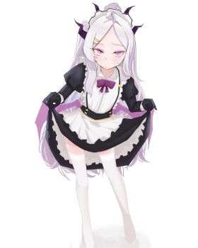 1girl :/ alternate_costume apron black_dress black_gloves blue_archive blush center_frills closed_mouth commentary curtsey demon_horns dress enmaided forehead frilled_apron frills full_body garter_straps gloves hair_ornament hairclip halo highres hina_(blue_archive) horns juliet_sleeves leaning_forward leaning_to_the_side long_hair long_sleeves maid maid_apron maid_headdress meyu narrowed_eyes neck_ribbon no_shoes parted_bangs petticoat pink_hair puffy_sleeves purple_eyes purple_ribbon ribbon simple_background sketch solo standing sweatdrop thighhighs very_long_hair white_apron white_background white_thighhighs