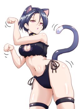 1girl alternate_costume animal_ears bell bikini black_bikini blue_hair breasts cat_cutout cat_ears cat_girl cat_tail cleavage cleavage_cutout clothing_cutout commentary_request fire_emblem fire_emblem:_three_houses kemonomimi_mode large_breasts navel neck_bell nintendo paw_pose pink_eyes pink_lips shamir_nevrand side-tie_bikini_bottom simple_background skindentation solo standing swimsuit tail white_background yanmarson