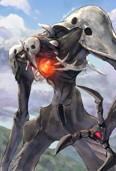 Rule 34 | absurdres, angel (evangelion), armor, bird mask, black skin, blue sky, cloud, colored skin, core, giant, giant monster, grass, highres, hollow eyes, horns, ikuyoan, long arms, mask, mechanical hands, monster, mountain, neon genesis evangelion, no humans, pauldrons, sachiel (evangelion), shoulder armor, signature, sky, spikes, talons, twitter username, white mask