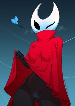 1girl arthropod_girl artist_name black_skin blush breasts breath bug chrysalisdraws cloak clothes_lift colored_skin cowboy_shot female_focus flashing gluteal_fold gradient_background heart highres hollow_knight hollow_knight:_silksong horned_mask hornet_(hollow_knight) looking_at_viewer mask narrow_waist navel no_panties one_eye_closed pussy pussy_juice red_cloak signature small_breasts solo spoken_heart standing thigh_gap thighs turtleneck uncensored wink