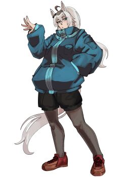 1girl :< absurdres ahoge animal_ears aqua_eyes big_pant_or_big_jakt_(meme) black_shorts blue_eyes blue_jacket commentary cupperexe english_commentary full_body grey_hair grey_pantyhose hand_in_pocket hand_up high_collar highres horse_ears horse_girl horse_tail jacket meme oguri_cap_(umamusume) padded_jacket pantyhose ponytail red_shoes shoes shorts simple_background sleeves_past_wrists solo standing tail umamusume white_background