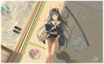 1girl absurdres azur_lane bad_id bad_pixiv_id bare_legs black_hair black_panties black_shirt black_shoes black_skirt blunt_bangs cherry_blossoms clothes_lift collarbone commentary cup da_(datako) english_commentary expressionless falling_petals food from_above fruit hair_spread_out highres hime_cut horns huge_filesize indoors lifting_own_clothes lingerie loafers long_hair long_sleeves looking_at_viewer lying midriff miniskirt navel noshiro_(azur_lane) on_back panties pantyhose petals pleated_skirt sailor_collar school_uniform serafuku shirt shoes signature skin-covered_horns skirt skirt_lift solo straight_hair tatami tea_set teacup teapot underwear unworn_pantyhose unworn_shoes watermelon white_sailor_collar wind_chime yellow_eyes