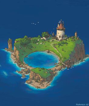 artist_name aurumek bird chimney cliff dated dock grass highres island ocean original outdoors path pillar_(landform) pond road rock sand signature smoke stairs stone_building stonehenge tower tree very_wide_shot