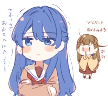 Rule 34 | 2girls, :>, blanket cape, blue eyes, blue hair, bluesky021, blush, blush stickers, braid, brown cardigan, brown dress, brown hair, cardigan, center-flap bangs, closed mouth, crossed arms, dollchestra, dress, half updo, hasu no sora school uniform, kachimachi kosuzu, link! like! love live!, long hair, long sleeves, love live!, mole, mole on neck, multiple girls, murano sayaka, neckerchief, open cardigan, open clothes, red neckerchief, sailor collar, sailor dress, school uniform, side ahoge, side braids, simple background, snot, sweatdrop, translation request, v-shaped eyebrows, virtual youtuber, white background, white sailor collar, winter uniform, | |