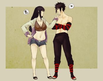1boy 1girl black_hair breasts cleavage facial_mark full_body hyuuga_hinata long_hair naruto:_road_to_ninja naruto_(classic) naruto_(series) naruto_shippuuden navel short_hair standing uzumaki_menma whisker_markings