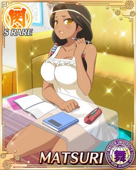 1girl :o book border breasts brown_eyes brown_hair card_(medium) cleavage dark-skinned_female dark_skin dress game_cg hair_ornament hairclip holding holding_pencil large_breasts long_hair looking_at_viewer low-tied_long_hair low_twintails matsuri_(senran_kagura) native_american non-web_source official_alternate_costume official_art pencil pencil_case senran_kagura senran_kagura_new_wave sitting solo studying twintails wariza white_dress