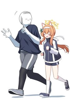 +++ 1boy 1girl animal_ears blue_archive cat_ears closed_eyes commentary_request cross-laced_shoes doodle_sensei_(blue_archive) exercising flower full_body gym_shorts gym_uniform hair_flower hair_ornament headband highres jacket jogging kneehighs long_hair mari_(blue_archive) mari_(track)_(blue_archive) official_alternate_costume orange_hair pyosunyi sensei_(blue_archive) shoes shorts side-by-side simple_background smile sneakers socks track_jacket white_background white_headband white_socks