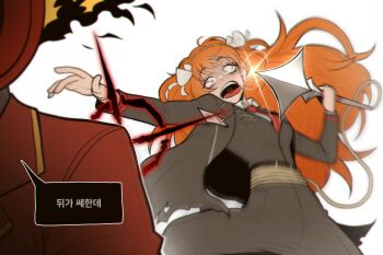 1girl 1other belt bow brown_hairband collared_shirt dante_(limbus_company) flaming_head freckles green_eyes hair_bow hairband harpoon highres holding holding_harpoon holding_pole ishmael_(project_moon) jacket korean_text limbus_company long_hair long_sleeves misg1111 necktie open_mouth orange_hair pole project_moon red_jacket red_necktie rope_around_waist saliva shirt simple_background speech_bubble teeth throwing tongue tongue_out translation_request uvula vest white_background white_bow white_shirt