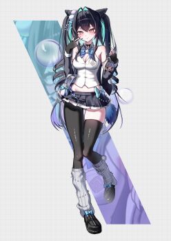 1girl absurdres alternate_costume asymmetrical_legwear black_gloves black_hair black_shoes black_skirt black_thighhighs breasts character_charm charm_(object) cleavage commentary fake_tail fingerless_gloves full_body gloves goddess_of_victory:_nikke green_hair hair_intakes highres korean_commentary leg_warmers little_mermaid_(nikke) long_hair medium_breasts microskirt midriff_peek mimu_(cyus7328) mori_(nikke) navel school_uniform shirt shoes skirt smile tail thighhighs thighs two-tone_background uneven_legwear very_long_hair white_leg_warmers white_shirt yellow_eyes