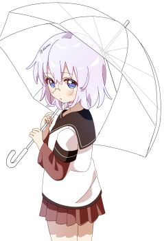 1girl black_sailor_collar blue_eyes blush cowboy_shot dress from_side glasses highres holding holding_umbrella ikeda_chitose layered_sleeves long_sleeves looking_at_viewer nanamori_school_uniform parted_lips pleated_dress red_dress rimless_eyewear round_eyewear sailor_collar sailor_shirt sankatetsu_flat school_uniform shirt short_dress short_hair short_over_long_sleeves short_sleeves simple_background solo tareme thick_eyelashes thighs transparent transparent_umbrella umbrella white_background white_hair white_shirt yuruyuri