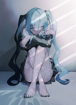 1girl aqua_eyes aqua_hair aqua_nails barefoot commentary_request detached_sleeves full_body hair_between_eyes hatsune_miku heart heart-shaped_pupils highres hugging_own_legs light_rays long_hair miniskirt nail_polish number_tattoo pleated_skirt shoulder_tattoo skirt solo soyaka symbol-shaped_pupils tattoo textless_version toenail_polish toenails twintails very_long_hair vocaloid white_mind_(vocaloid)