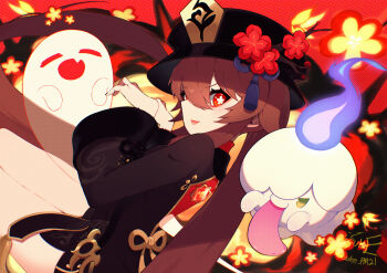 1girl absurdres black_hat boo_tao_(genshin_impact) brown_hair commentary_request crossover eyelashes fang flower gen_5_pokemon genshin_impact ghost hair_between_eyes hat highres hu_tao_(genshin_impact) litwick long_hair long_sleeves nintendo open_mouth outstretched_arms plum_blossoms pokemon pokemon_(creature) red_background red_eyes tongue tongue_out u_tei zombie_pose