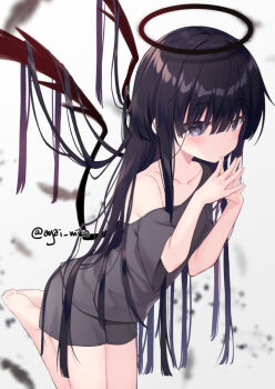 1girl barefoot black_hair blush closed_mouth collarbone commentary_request grey_eyes grey_shirt grey_shorts hair_between_eyes hair_over_wings halo hands_up kneeling long_hair off_shoulder original red_wings shirt short_sleeves shorts soles solo steepled_fingers twitter_username usagimiko very_long_hair wide_sleeves wings