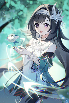 1girl absurdres bird black_hair bracelet commentary_request detached_sleeves dress genshin_impact gloves green_dress halo highres hiroyi_(mei) jewelry lan_yan_(genshin_impact) long_hair long_sleeves looking_at_another open_mouth purple_eyes side_slit silver_bracelet silver_hairband sleeveless sleeveless_dress very_long_hair white_gloves wide_sleeves