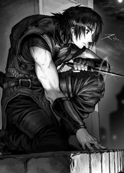 1boy aged_down black_hair boroboro_no_elf-san_wo_shiawase_ni_suru_kusuri_uri-san bracer commentary_request dagger flashback gibagiba greyscale highres holding holding_dagger holding_knife holding_weapon knife kusuriuri-san ledge magic_circle monochrome moon night on_one_knee outdoors rooftop short_hair sky sleeveless solo squatting vest weapon