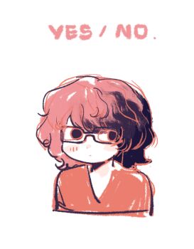 1boy androgynous black-framed_eyewear black_eyes black_hair blush cocobolo64588 cropped_torso devon_erickson dot_nose english_text expressionless glasses highres male_focus multicolored_hair no_pupils pale_skin pink_hair real_life rectangular_eyewear red_shirt shirt short_hair simple_background solo split-color_hair two-tone_hair v-neck white_background