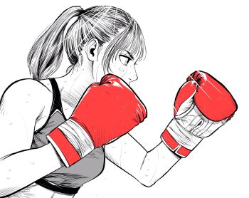 1girl boxing boxing_gloves breasts commentary_request from_side gloves greyscale hatching_(texture) highres lee_(dragon_garou) light_rays medium_breasts midriff monochrome original ponytail red_gloves sideburns sidelocks solo sports_bra spot_color sweat upper_body