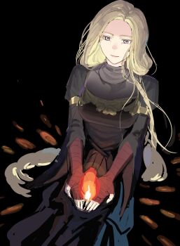 1girl bandaged_arm bandages blonde_hair closed_mouth commentary_request dark_souls_(series) dark_souls_iii fire fire_keeper highres holding_flame korean_commentary long_hair no_blindfold pink_lips sitting solo very_long_hair wavy_hair xxq_002
