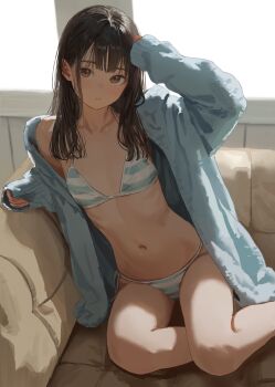1girl absurdres akipeko bikini black_hair blue_jacket brown_eyes closed_mouth commentary_request flat_chest highres jacket looking_at_viewer medium_hair navel open_clothes open_jacket original petite ribs sitting solo striped_bikini striped_clothes swimsuit thighs
