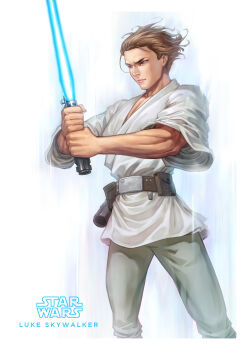1boy blonde_hair blue_eyes blue_lightsaber character_name copyright_name energy_sword english_text grey_pants hanyau highres holding holding_sword holding_weapon lightsaber luke_skywalker pants short_hair solo star_wars star_wars:_a_new_hope sword tunic weapon white_tunic