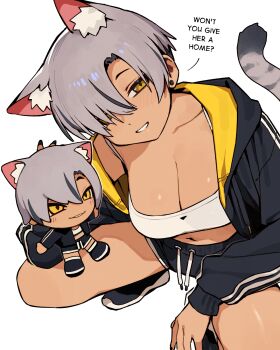 Rule 34 | 1girl, :3, absurdres, animal ear fluff, animal ears, arm on thigh, arm rest, asymmetrical bangs, big head, black hair, black jacket, black nails, black shoes, black shorts, black tail, breasts, cat ears, cat girl, cat tail, character doll, chibi, cleavage, collarbone, commentary, curtained hair, dark-skinned female, dark skin, doll, dot nose, double vertical stripe, drawstring, earrings, elbow on knee, elbow rest, english commentary, english text, extra ears, eyebrows hidden by hair, fingernails, from above, full body, go! go! gris!, grey hair, grey tail, grin, hair over one eye, half-closed eyes, head tilt, highres, holding, holding doll, hood, hood down, hooded jacket, invisible floor, jacket, jewelry, kara (go! go! gris!), large breasts, leaning to the side, legs apart, light blush, long eyelashes, long fingernails, long sleeves, looking at viewer, looking up, merchandise, merchandise available, midriff, multicolored hair, narrowed eyes, navel, open clothes, open hand, open jacket, original, outstretched arms, parted bangs, parted lips, promotional art, raised eyebrows, raised inner eyebrows, seductive smile, shoes, short hair, short shorts, shorts, sidelocks, simple background, single off shoulder, slit pupils, smile, solo, sports bra, spread arms, squatting, streaked hair, striped blush, striped tail, stud earrings, tail, tail raised, talking, teeth, thick eyelashes, thighs, tsurime, two-sided fabric, two-sided jacket, two-tone hair, two-tone tail, vertigris, white background, white sports bra, white trim, yellow eyes, yellow jacket