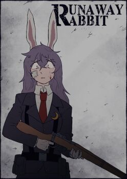 1girl absurdres animal_ears assault_rifle bandaid bandaid_on_face belt black_belt black_eyes black_pants blood blood_on_face breasts buttons collared_shirt commentary crescent crescent_pin english_commentary english_text fingernails grey_background gun hair_between_eyes highres holding holding_gun holding_weapon jacket lapels long_hair long_sleeves looking_at_viewer medium_breasts necktie open_mouth otaeriaaoba pants pocket purple_hair purple_jacket rabbit_ears rabbit_girl red_necktie reisen_udongein_inaba rifle shirt simple_background solo suspenders touhou weapon white_shirt wide-eyed