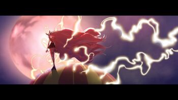 1girl animal_ears black_skirt carrot_(one_piece) commentary courtneyemmet electricity full_body highres letterboxed long_hair moon one_piece outdoors rabbit_ears red_moon skirt solo sulong_form very_long_hair