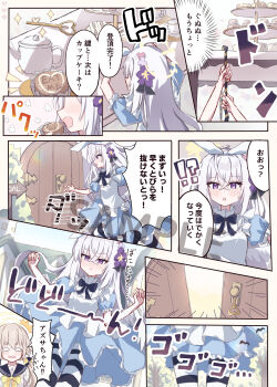 Rule 34 | 2girls, :<, absurdres, alice (alice in wonderland), alice (alice in wonderland) (cosplay), alternate costume, apron, azusa (blue archive), black bow, black pantyhose, blank eyes, blonde hair, blue archive, blue dress, blue sailor collar, blush, bow, bow hairband, cake, closed mouth, commentary request, cosplay, crossed bangs, dress, eating, flower, food, hair between eyes, hair flower, hair ornament, hairband, halo, hifumi (blue archive), highres, long hair, multiple girls, open mouth, pantyhose, purple eyes, purple flower, sailor collar, shirt, shoes, short sleeves, striped clothes, striped pantyhose, translation request, twintails, white apron, white hairband, white pantyhose, white shirt, white shoes, yashiro hachi, yellow bow, yellow halo