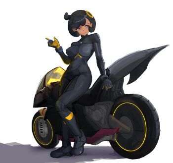 1girl absurdres black_bodysuit black_gloves black_hair blackleo2090 bodysuit breasts closed_mouth dark-skinned_female dark_skin emma_(pokemon) gloves hair_ornament highres latex latex_bodysuit medium_breasts mega_stone motor_vehicle multicolored_gloves nintendo pokemon pokemon_legends:_z-a purple_eyes short_hair smile solo two-tone_gloves