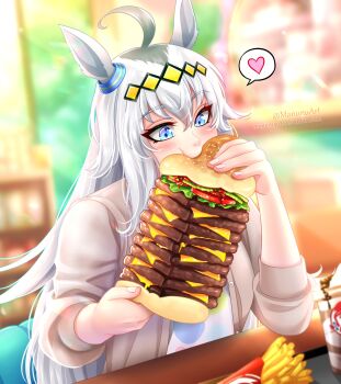 absurdres ahoge animal_ears blue_eyes blush brown_jacket burger casual cup disposable_cup eating food french_fries glutton grey_hair hair_between_eyes hair_ornament hairband heart highres holding holding_burger holding_food horse_ears horse_girl jacket long_hair long_sleeves manu-chann oguri_cap_(casual)_(umamusume) oguri_cap_(umamusume) open_clothes open_jacket shirt soda speech_bubble spoken_heart umamusume wendy&#039;s white_shirt