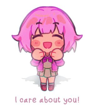 1girl blush_stickers chibi chibi_only closed_eyes english_text full_body jacket long_sleeves neckerchief ootori_emu open_clothes open_jacket open_mouth pink_hair pleated_skirt project_sekai school_uniform short_hair skirt smile socks solo zinachan