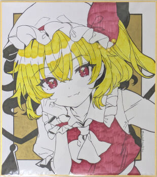 1girl absurdres ascot blonde_hair closed_mouth collared_shirt commentary_request crossed_bangs crystal_wings fang fang_out flandre_scarlet frilled_shirt_collar frills hair_between_eyes hand_up hat highres looking_at_viewer marker_(medium) mob_cap re_re_merry red_eyes red_vest shikishi shirt short_hair short_sleeves skin_fang smile solo touhou traditional_media twitter_username upper_body vest white_ascot white_hat white_shirt wings