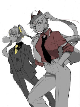 2girls ahoge animal_ears arm_behind_back assault_lily belt black_necktie black_shirt blowing_bubble_gum breast_pocket cat_ears chewing_gum closed_mouth collared_shirt commentary_request fake_animal_ears feet_out_of_frame formal_clothes hair_ribbon hand_in_pocket hand_up high-waist_skirt high_ponytail hishida_haru holding holding_jacket holding_unworn_clothes jacket jacket_over_shoulder kondou_misaka long_hair long_sleeves looking_ahead looking_at_viewer multiple_girls necktie one_eye_closed open_clothes open_jacket pant_suit pants partially_colored pocket ponytail profile red_shirt ribbon santouka shirt simple_background skirt sleeves_past_wrists sleeves_pushed_up smile standing suit twintails unworn_jacket white_background yellow_necktie yellow_ribbon
