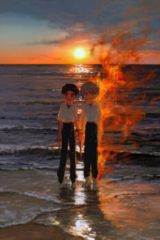 2boys absurdres beach black_pants blue_eyes brown_hair burning collared_shirt fire fishcoooo full_body grey_hair hair_between_eyes high-waist_pants highres ikari_shinji male_focus multiple_boys nagisa_kaworu neon_genesis_evangelion ocean outdoors pants red_eyes reflection reflective_liquid scenery shirt shoes sunset undershirt white_shirt white_shoes