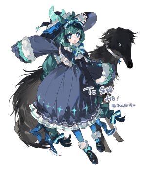 1girl black_hat black_shoes blue_bow blue_bowtie blue_dress blue_eyes blue_pantyhose bow bowtie braid bright_pupils crescent crescent_hat_ornament dog dress footwear_bow frilled_dress frills full_body green_hair hair_bow happy_birthday hat hat_ornament highres long_hair long_sleeves open_mouth original pantyhose rgb12800 shoes short_eyebrows simple_background sleeves_past_fingers sleeves_past_wrists smile solo twin_braids white_background white_pupils witch_hat