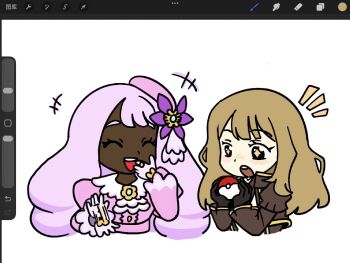 Rule 34 | 2girls, ascot, beifeeng, black gloves, brown jacket, catherine (project moon), dress, fascinator, gloves, gold trim, highres, holding, holding poke ball, jacinthe (pokemon), jacket, limbus company, long sleeves, multiple girls, nintendo, pink dress, pink hair, poke ball, poke ball (basic), pokemon, pokemon legends: z-a, project moon, simple background, sparkling eyes, trait connection, white ascot, white background