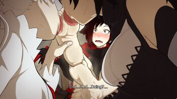 3girls absurdres barefoot black_hair blake_belladonna blush cape english_text feet_up foot_focus foot_worship highres holding_another&#039;s_foot indoors kiryu_(pixiv44966832) legs_up licking_foot multicolored_hair multiple_girls red_cape ruby_rose rwby shoes sitting skirt soles solo steaming_body toes unworn_shoes weiss_schnee