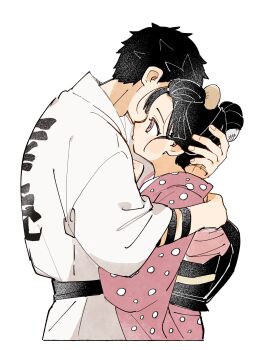 1boy 1girl arm_tattoo black_hair black_sash clothes_writing hakuji_(kimetsu_no_yaiba) highres hug japanese_clothes kimetsu_no_yaiba kimono koyuki_(kimetsu_no_yaiba) nanase_(nanataroo_7) pink_eyes pink_kimono profile sash short_hair simple_background spiked_hair tattoo upper_body white_background white_kimono