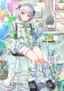 1girl bang_dream! bang_dream!_it&#039;s_mygo!!!!! black_shoes blue_eyes breasts cake cleavage commentary_request food fujima_takuya heterochromia holding holding_spoon jacket kaname_raana leg_warmers looking_at_viewer maid_headdress matcha_(food) official_art open_mouth raana_the_cat sample_watermark shoes short_hair shorts sitting solo spoon table thigh_strap watermark white_hair white_jacket white_leg_warmers white_shorts yellow_eyes