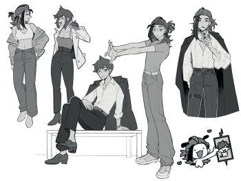 2boys 2girls aged_up chibi closed_eyes crossed_legs florian_(pokemon) full_body gen_4_pokemon genderswap genderswap_(mtf) highres jacket jacket_on_shoulders kieran_(pokemon) looking_at_viewer mole mole_on_neck monochrome multicolored_hair multiple_boys multiple_girls nintendo open_mouth pokemon pokemon_sv ponytail rotom rotom_phone short_hair sitting smile stretching submashell two-tone_hair