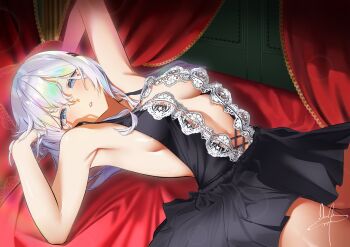 1girl absurdres armpits arms_up bare_shoulders black_dress blue_eyes blush breasts breasts_apart center_opening commission cowboy_shot cross-shaped_pupils curtains dress hair_between_eyes hair_ornament hairclip half-closed_eyes halter_dress halterneck highres indoors lace lace-trimmed_dress lace_trim lady_ceph long_hair looking_at_viewer lying medium_breasts navel on_back on_bed original parted_lips short_dress sideboob signature sleeveless sleeveless_dress solo stomach symbol-shaped_pupils white_hair