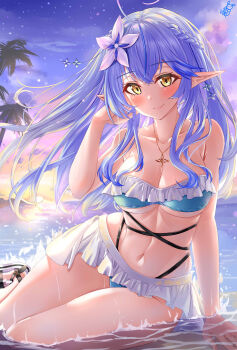 Rule 34 | 1girl, absurdres, ahoge, ayakase hotaru, bare arms, bare shoulders, beach, bikini, blue bikini, blue hair, braid, breasts, cleavage, closed mouth, collarbone, commentary request, elf, flower, frilled bikini, frills, hair ornament, hand up, highres, hololive, large breasts, long hair, long pointy ears, looking at viewer, ocean, palm tree, pointy ears, sandals, side braid, sitting, solo, stomach, strapless, strapless bikini, swimsuit, tree, underboob, very long hair, virtual youtuber, water, wet, white bikini, white flower, yellow eyes, yokozuwari, yukihana lamy