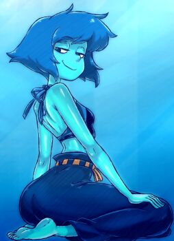 1girl arm_support bare_arms bare_back bare_shoulders barefoot bikini bikini_top_only blue_background blue_eyes blue_hair blue_pants breasts feet lapis_lazuli_(steven_universe) looking_at_viewer pants rb-gs short_hair sitting small_breasts smile solo steven_universe swimsuit