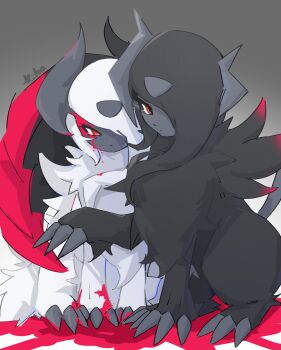 absol asymmetrical_horns black_fur bleeding blood blood_from_forehead claws gen_3_pokemon hair_over_one_eye highres horns mega_absol_z mega_pokemon nintendo pokemon pokemon_(creature) pokemon_focus red_eyes red_wings single_wing uneven_horns uuuuuuumbreon white_fur wings