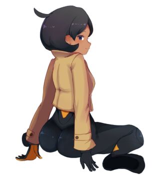 1girl ass blush bodysuit breasts dark-skinned_female dark_skin emma_(pokemon) gloves hannabunn jacket nintendo pokemon pokemon_legends:_z-a purple_eyes short_hair sitting white_background