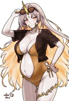 Rule 34 | 1girl, alternate costume, blonde hair, blush, breasts, cleavage, collarbone, colored inner hair, female focus, fire emblem, fire emblem heroes, forehead jewel, glasses, gold one-piece swimsuit, gullveig (fire emblem), highres, horns, large breasts, linea nigra, long hair, multicolored hair, navel, nintendo, one-piece swimsuit, pregnant, rotomdocs, signature, single horn, smile, solo, swimsuit, tattoo, very long hair, white hair, yellow eyes